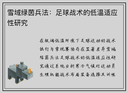 雪域绿茵兵法：足球战术的低温适应性研究